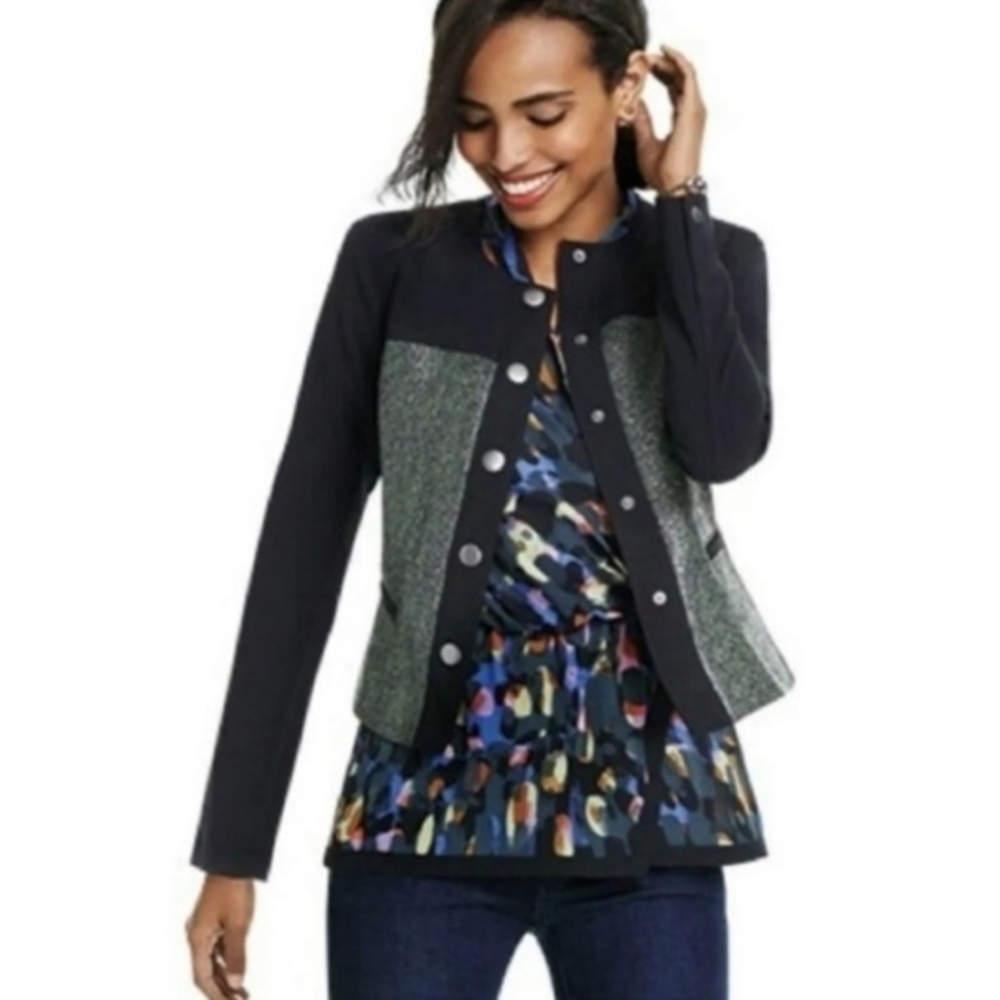 Cabi Mixed Media Metallic Tweed Button Front Black Jacket Medium